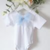 Short Sleeve Blue Tulle Bow White Leotard For Girls