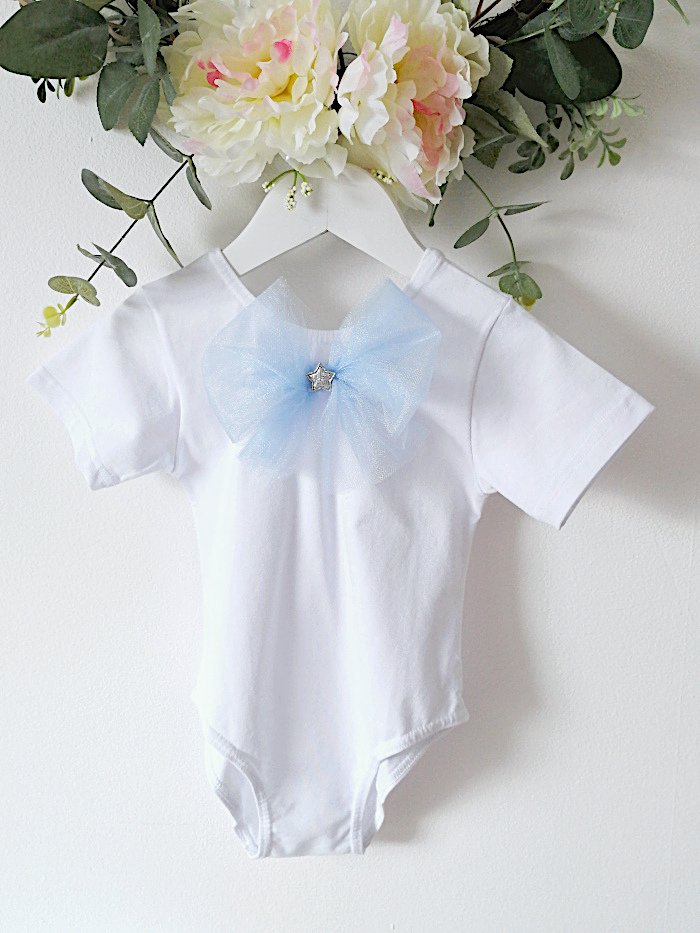 Short Sleeve Blue Tulle Bow White Leotard For Girls