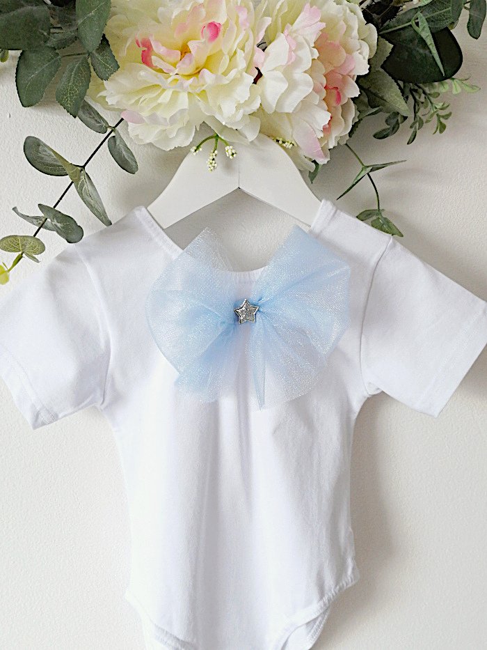 Short Sleeve Blue Tulle Bow White Leotard For Girls Short Sleeve Blue Tulle Bow White Leotard For Girls