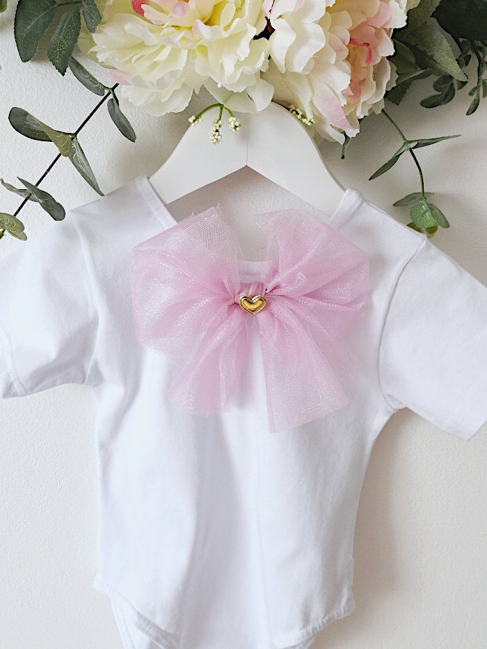 Pink Shimmer Large Tulle Bow White Short Sleeve Leotard For Girls