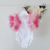 White Leotard For Flower Girls Pink Tulle Ruffle Short Sleeve