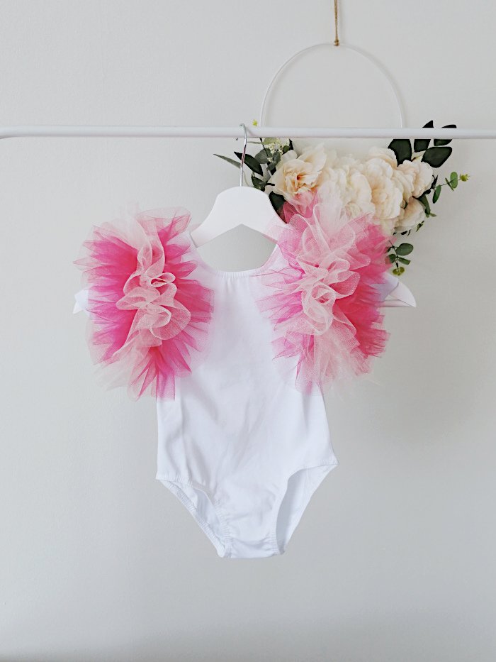 White Leotard For Flower Girls Pink Tulle Ruffle Short Sleeve